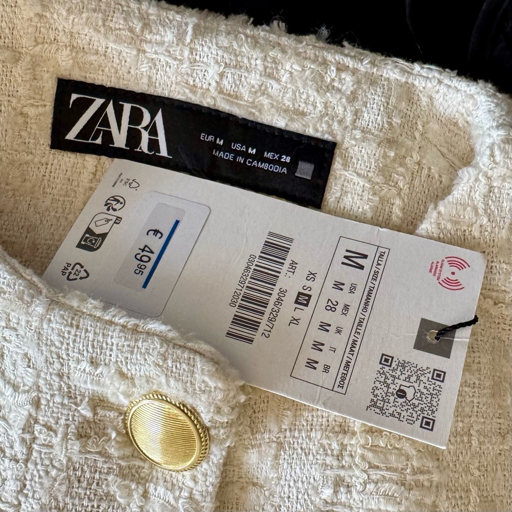 New ZARA Textured Cropped Bomber Jacket Cream Ivory Women's Size Medium Tweed M - Picture 5 of 7